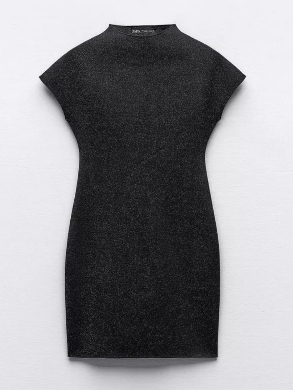 Zara Black Sparkle Cap Sleeve Mock Neck Mini Dress